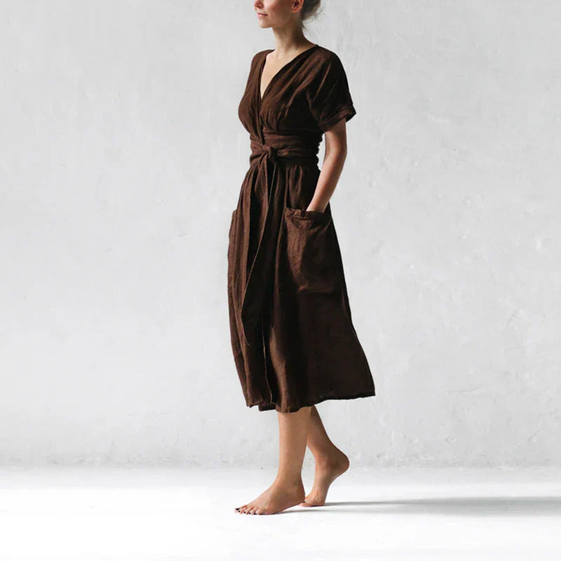 Robe Portefeuille En Lin Avec Ceinture Ajustable Et Manches Courtes Pour Femmes | Adaptée Aux Tenues Quotidiennes