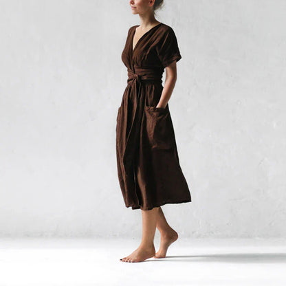 Robe Portefeuille En Lin Avec Ceinture Ajustable Et Manches Courtes Pour Femmes | Adaptée Aux Tenues Quotidiennes