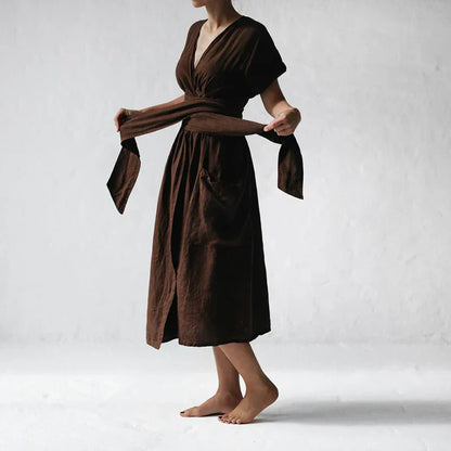 Robe Portefeuille En Lin Avec Ceinture Ajustable Et Manches Courtes Pour Femmes | Adaptée Aux Tenues Quotidiennes