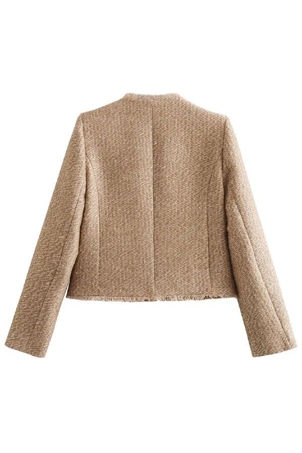 Veste Boutonnée à Col Rond avec Finitions Effilochées pour Femme | Idéale pour la Mi-Saison ou les Sorties Décontractées