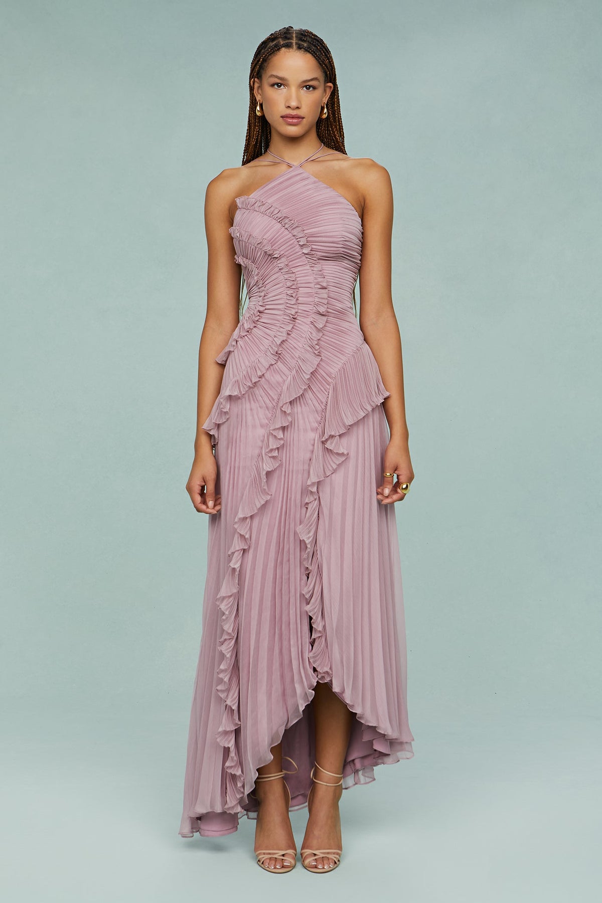 Robe Midi à Col Halter avec Plis et Volants pour Femme | Idéale pour Événements et Été