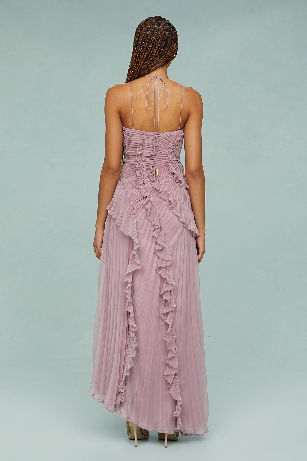 Robe Midi à Col Halter avec Plis et Volants pour Femme | Idéale pour Événements et Été