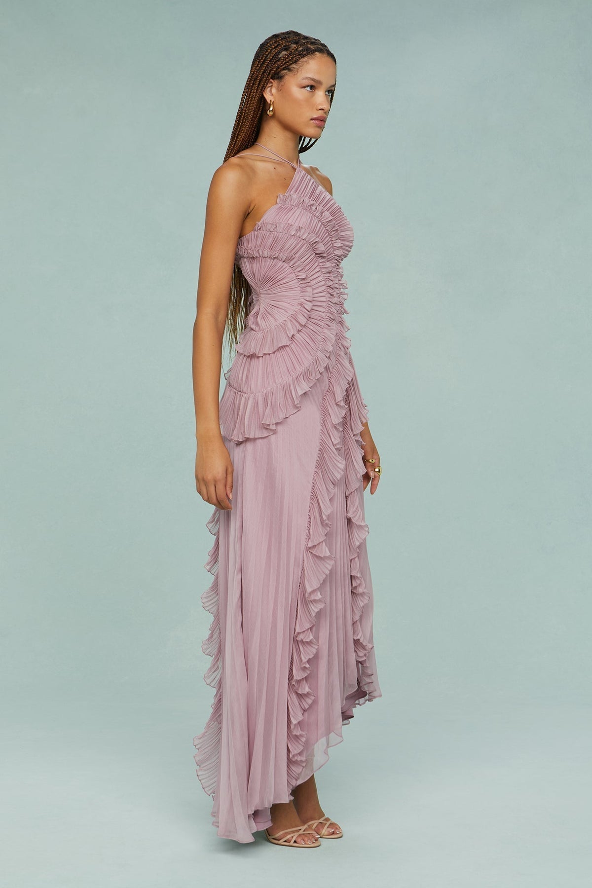 Robe Midi à Col Halter avec Plis et Volants pour Femme | Idéale pour Événements et Été