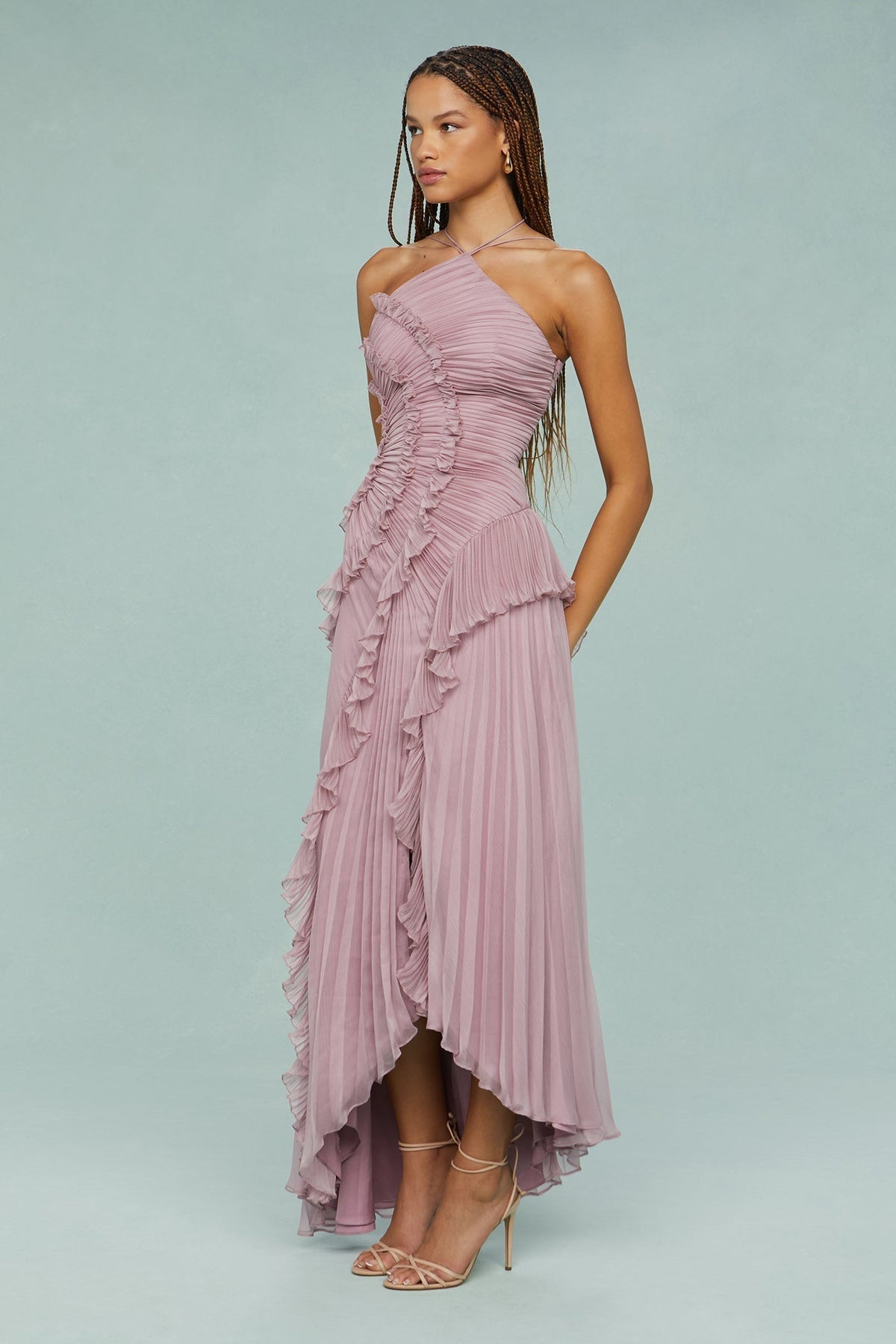 Robe Midi à Col Halter avec Plis et Volants pour Femme | Idéale pour Événements et Été