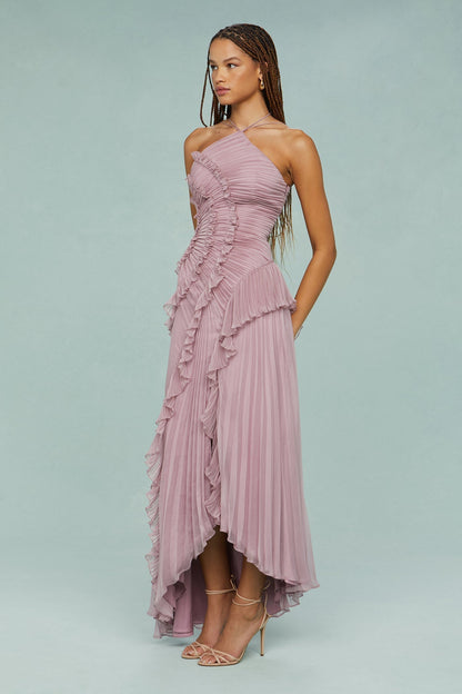 Robe Midi à Col Halter avec Plis et Volants pour Femme | Idéale pour Événements et Été