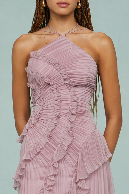 Robe Midi à Col Halter avec Plis et Volants pour Femme | Idéale pour Événements et Été