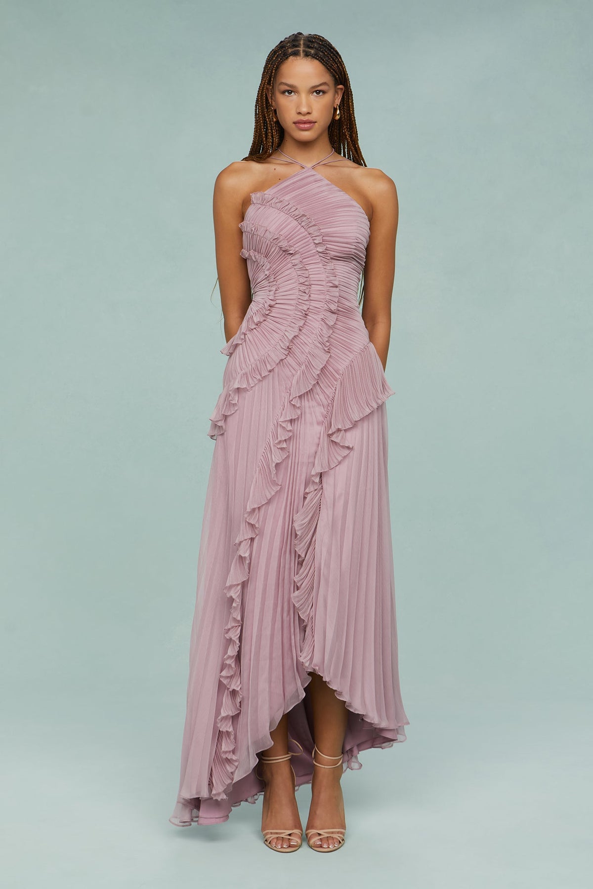 Robe Midi à Col Halter avec Plis et Volants pour Femme | Idéale pour Événements et Été