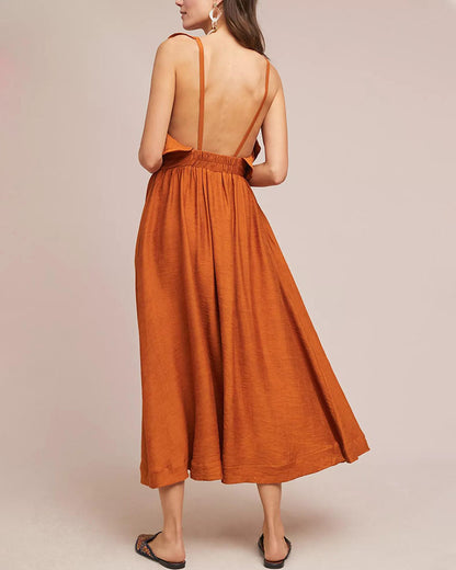 Robe Midi Sans Manches Avec Volants Aux Épaules Pour Femme | Idéal Pour Bureau Et Occasions