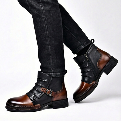 Boots Homme Bicolores À Tige Plissée Avec Boucles Métalliques | Idéales Pour L'automne Et L'hiver