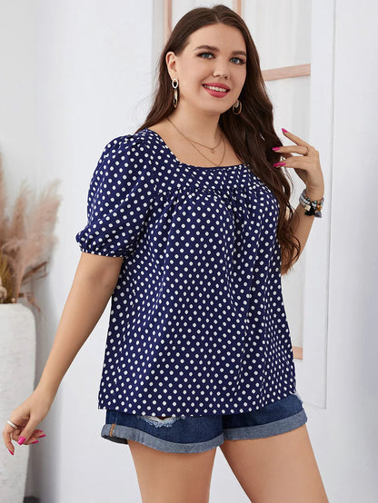 Top À Manches Courtes Avec Col Carré Et Motif À Pois Pour Femmes Grandes Tailles | Idéal Pour Usage Quotidien