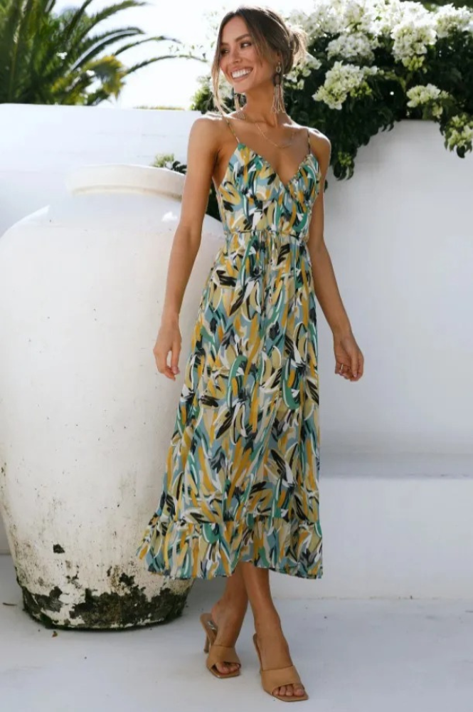 Robe Mi-Longue à Col V avec Coupe Évasée pour Femme | Idéale pour Été
