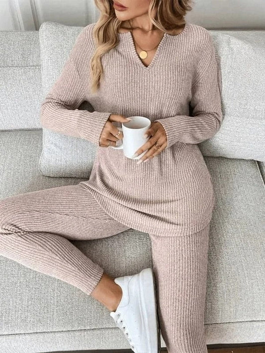 Ensemble Deux Pièces En Maille Avec Haut À Manches Longues Et Leggings Pour Femmes | Idéal Pour Tenues Quotidiennes Et À Domicile