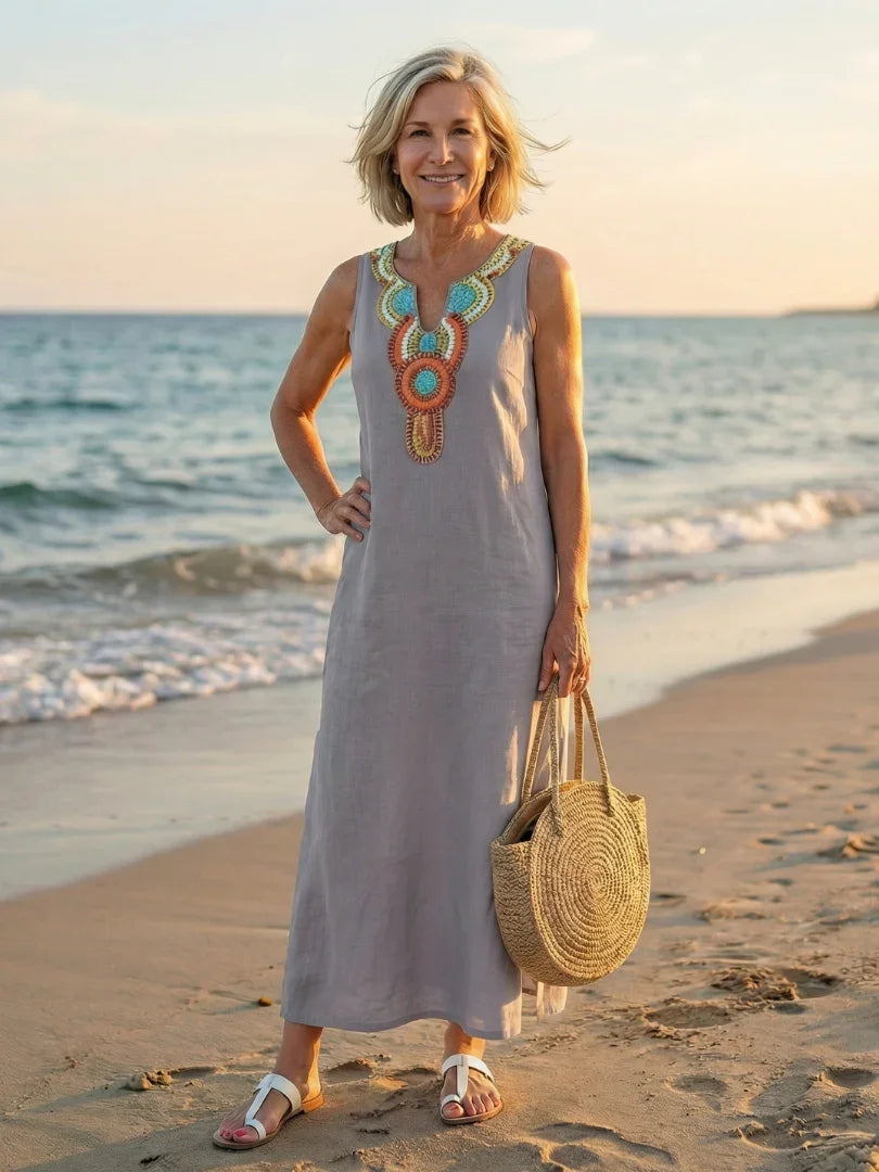 Robe Maxi Sans Manches À Encolure Fendue Avec Détail Décoratif Pour Femme | Idéale Pour L'été