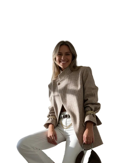 Blazer à Motif Carreaux avec Fermeture Asymétrique pour Femme | Idéal pour Travail et Occasions Quotidiennes