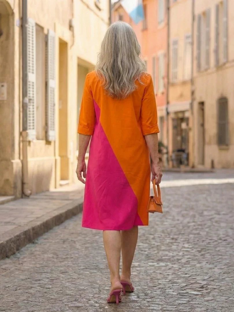 Robe midi bicolore à col chemise pour femmes