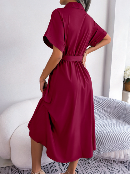 Robe Chemise Midi Avec Ceinture Nouée Et Manches Courtes Pour Femmes | Adaptée Aux Tenues Quotidiennes