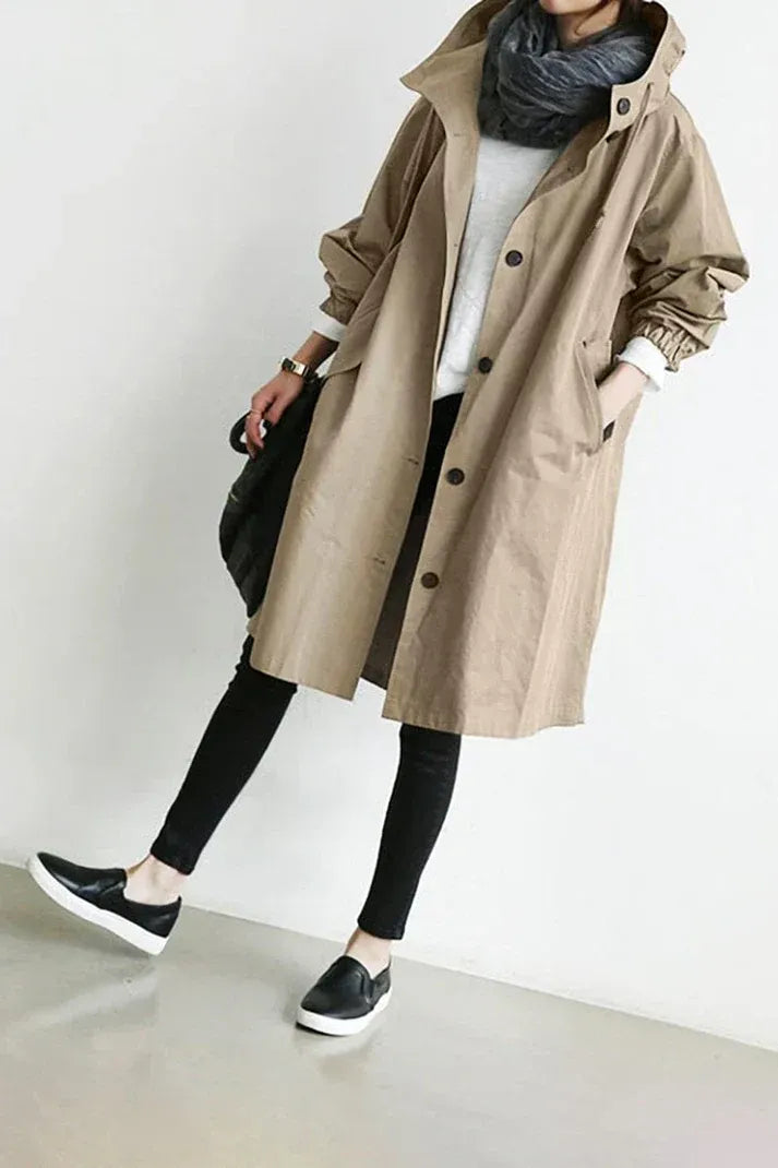 Trench à Capuche avec Fermeture Boutonnée pour Femme | Idéal pour les Jours de Pluie