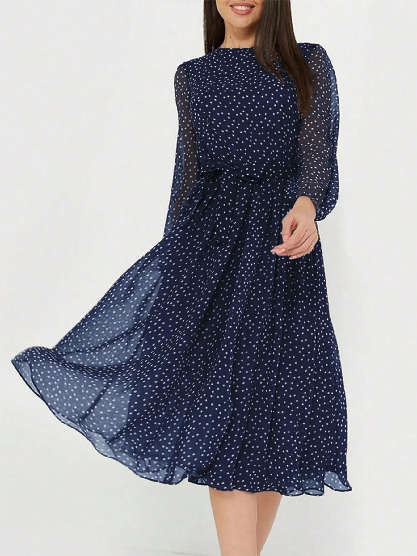 Robe Midi À Pois Avec Col Rond Et Manches Longues Pour Femme | Idéale Pour Le Jour Et La Soirée