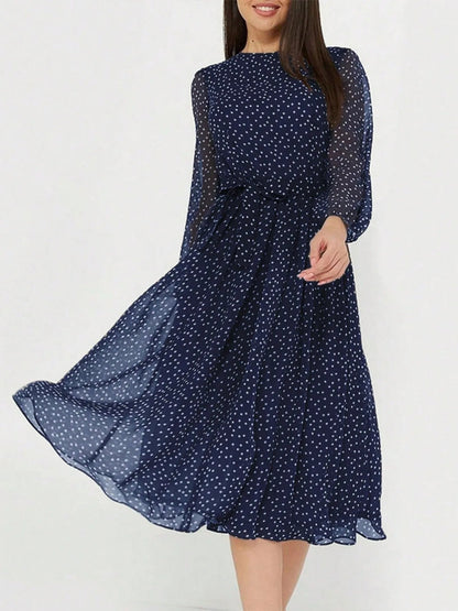 Robe Midi À Pois Avec Col Rond Et Manches Longues Pour Femme | Idéale Pour Le Jour Et La Soirée