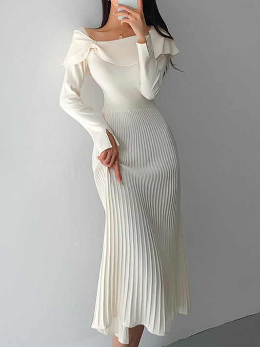 Robe Plissée Midi Avec Manches Longues Et Nœuds Aux Épaules Pour Femme | Idéal Pour Occasions