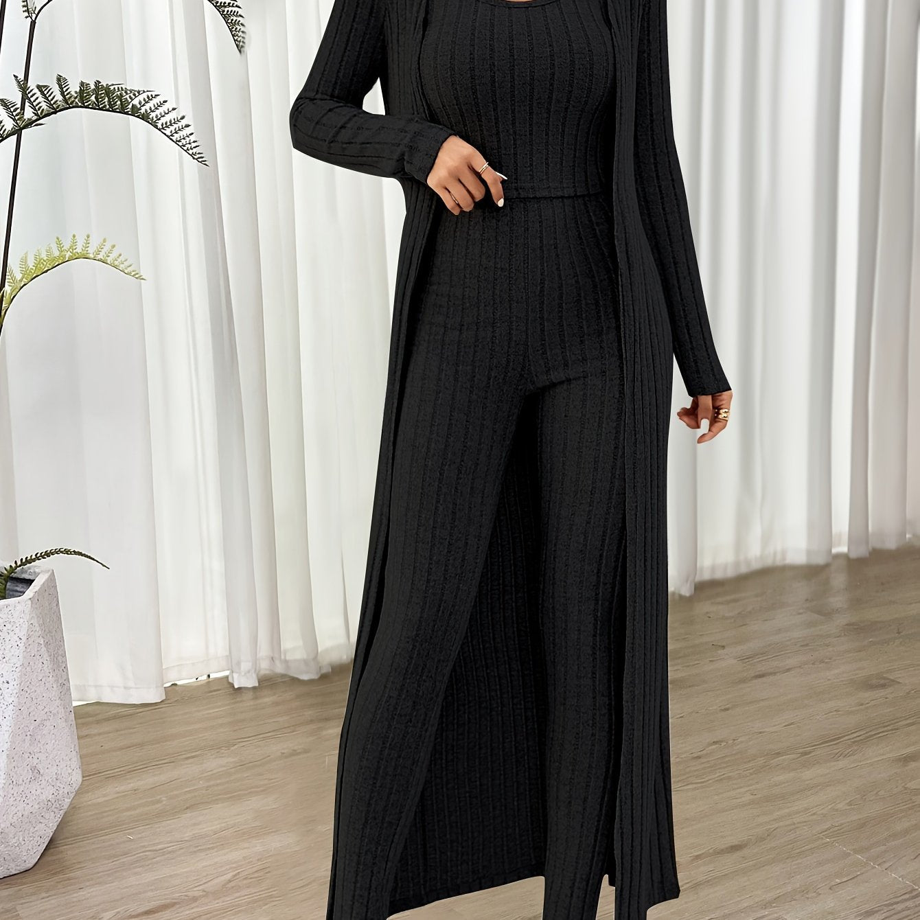 Ensemble Loungewear Trois Pièces avec Cardigan Long pour Femmes | Idéal pour la Maison