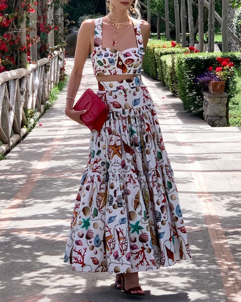 Ensemble Deux Pièces Avec Crop Top À Bretelles Et Jupe Longue À Volants Pour Femme | Idéal Pour Les Journées D’été