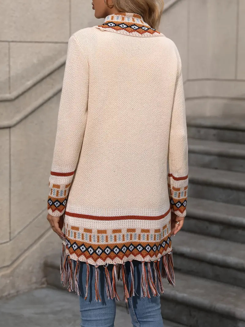 Cardigan long à motif géométrique et franges pour femme | Idéal pour l’automne et les occasions décontractées