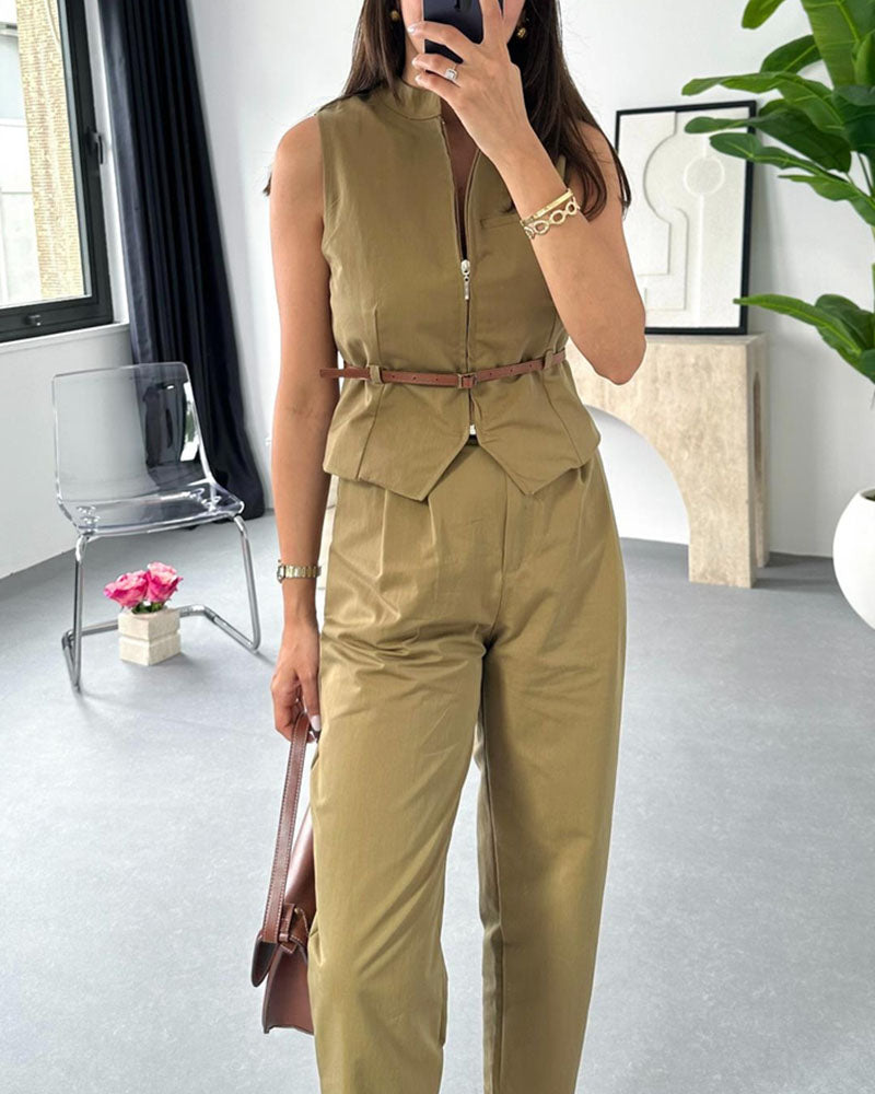 Combinaison Sans Manches avec Col Montant et Ceinture à la Taille pour Femmes | Idéal pour Tenues Quotidiennes