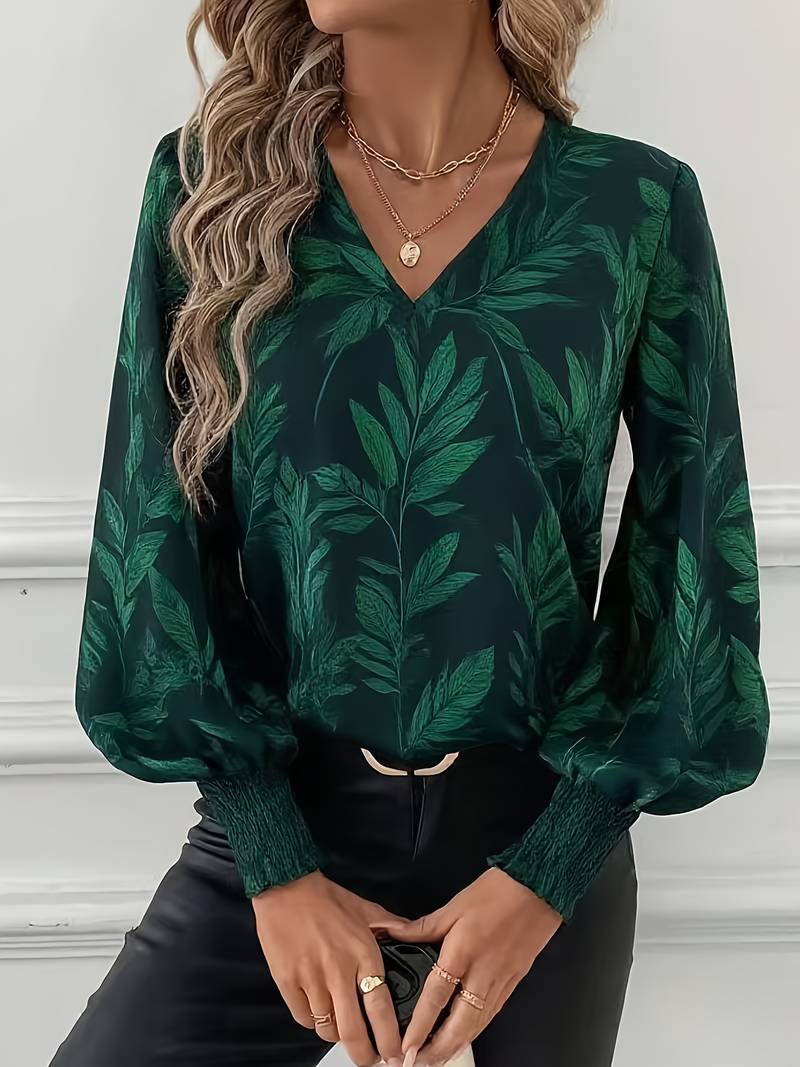 Blouse À Manches Longues Avec Motif Feuilles Et Col En V Pour Femmes | Idéal Pour Travail Ou Usage Quotidien