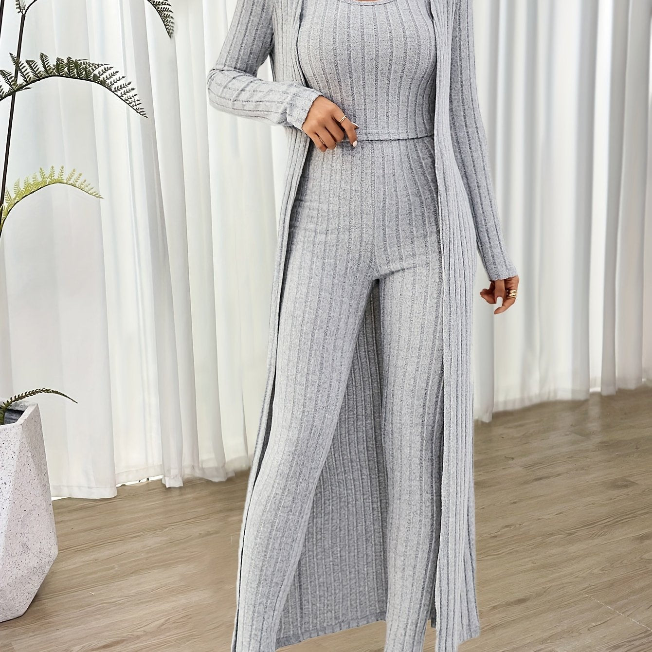 Ensemble Loungewear Trois Pièces avec Cardigan Long pour Femmes | Idéal pour la Maison
