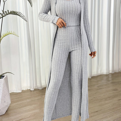 Ensemble Loungewear Trois Pièces avec Cardigan Long pour Femmes | Idéal pour la Maison