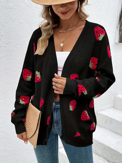 Cardigan motif fraises manches longues pour femmes