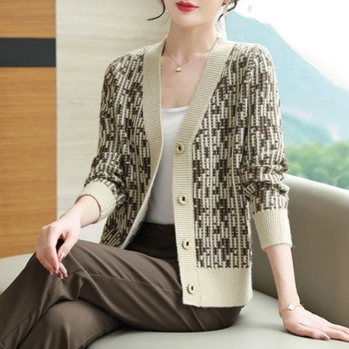 Cardigan col V motif bicolore pour femmes