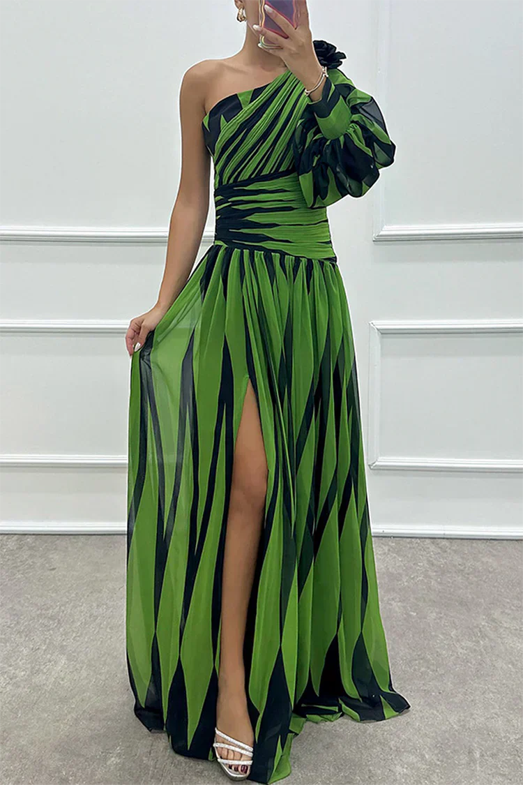 Robe Maxi One-Shoulder Rayée Avec Jupe Plissée Pour Femme | Idéale Pour L'Été