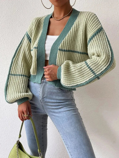 Cardigan court à bandes contrastées et manches longues pour femme | Idéal pour l’automne et les occasions décontractées