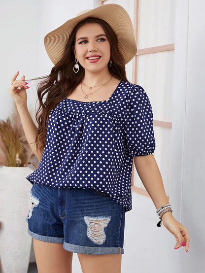Top À Manches Courtes Avec Col Carré Et Motif À Pois Pour Femmes Grandes Tailles | Idéal Pour Usage Quotidien
