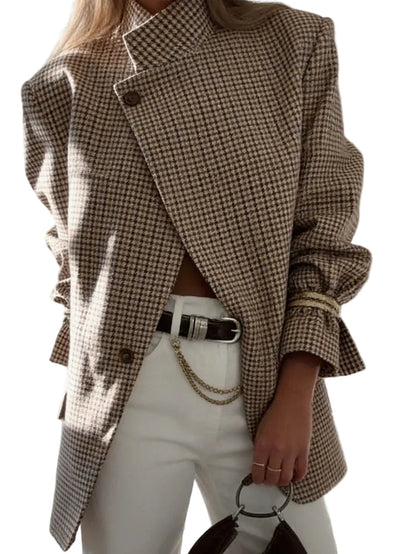 Blazer à Motif Carreaux avec Fermeture Asymétrique pour Femme | Idéal pour Travail et Occasions Quotidiennes