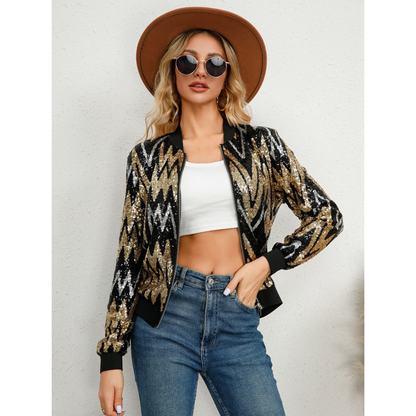 Veste Avec Fermeture Zippée Et Détails à Paillettes Pour Femmes | Idéal Pour Soirées Et Événements