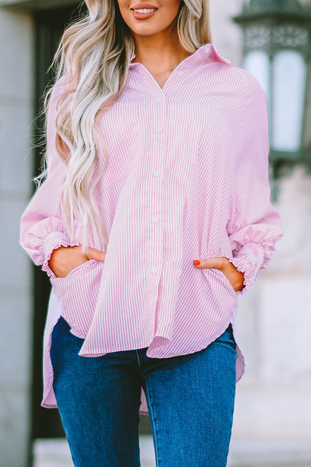 Chemise Mi-Longue Avec Col À Revers Rayé Et Manches Oversize Resserées Pour Femme | Idéale Pour Le Printemps Et L’Été