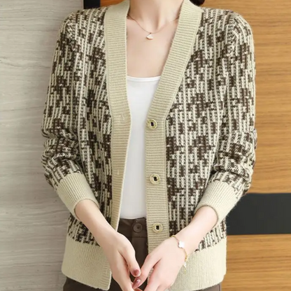 Cardigan col V motif bicolore pour femmes