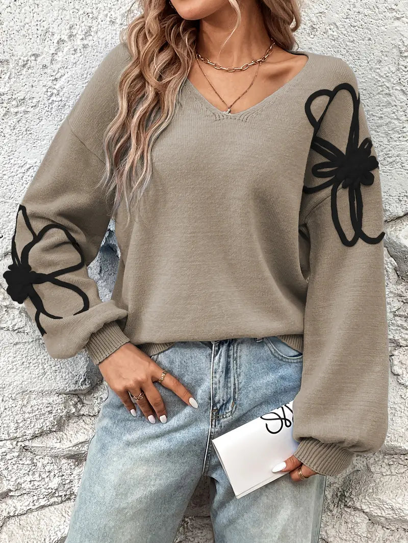 Pull à Col en V avec Broderie Florale pour Femme | Idéal pour un Usage Quotidien