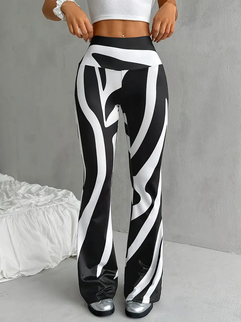 Pantalon Femme Évasé à Taille Haute avec Motif Abstrait | Idéal pour un Usage Quotidien