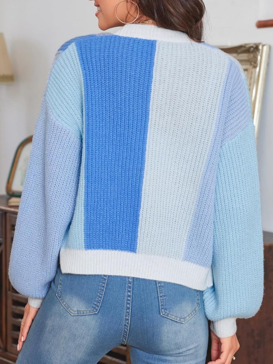 Cardigan à panneaux de couleurs contrastées et manches bouffantes pour femme | Idéal pour l’automne et les occasions décontractées