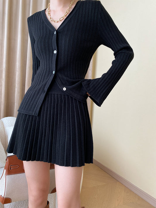 Ensemble Cardigan Boutonné Et Jupe Plissée Pour Femme | Idéal Pour La Mi-Saison Et L’Usage Quotidien