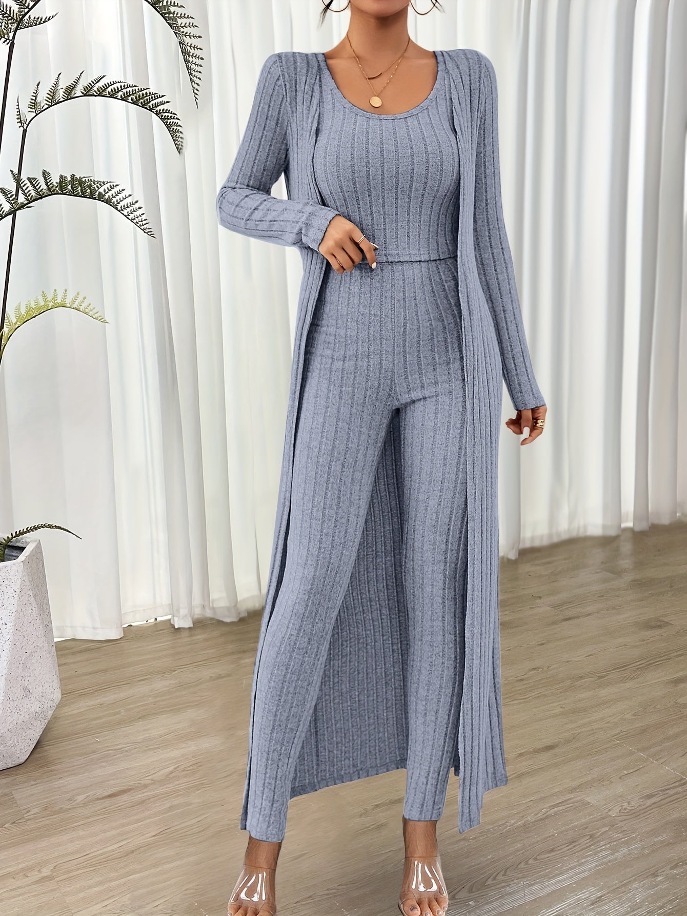 Ensemble Loungewear Trois Pièces avec Cardigan Long pour Femmes | Idéal pour la Maison