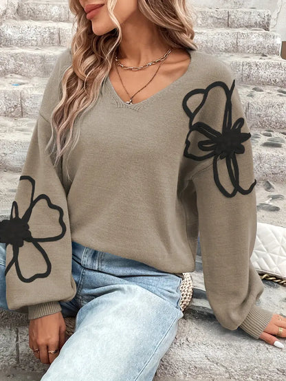 Pull à Col en V avec Broderie Florale pour Femme | Idéal pour un Usage Quotidien