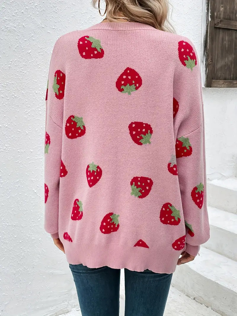 Cardigan motif fraises manches longues pour femmes