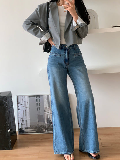 Jean à Jambe Large avec Taille Haute Structurée pour Femme | Idéal pour Tenues Décontractées