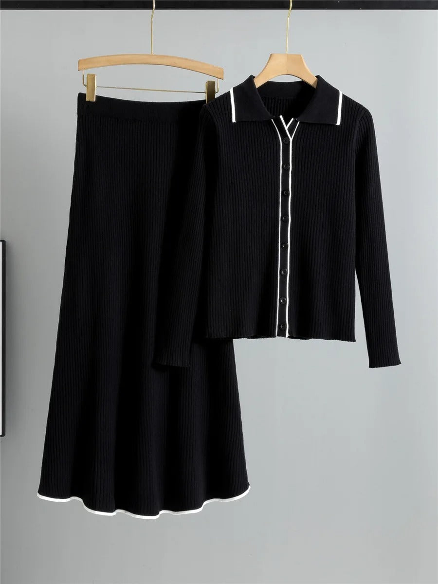 Ensemble Deux Pièces Avec Cardigan Boutonné Et Jupe Taille Élastique Pour Femmes | Idéal Pour Usage Quotidien Et Sorties