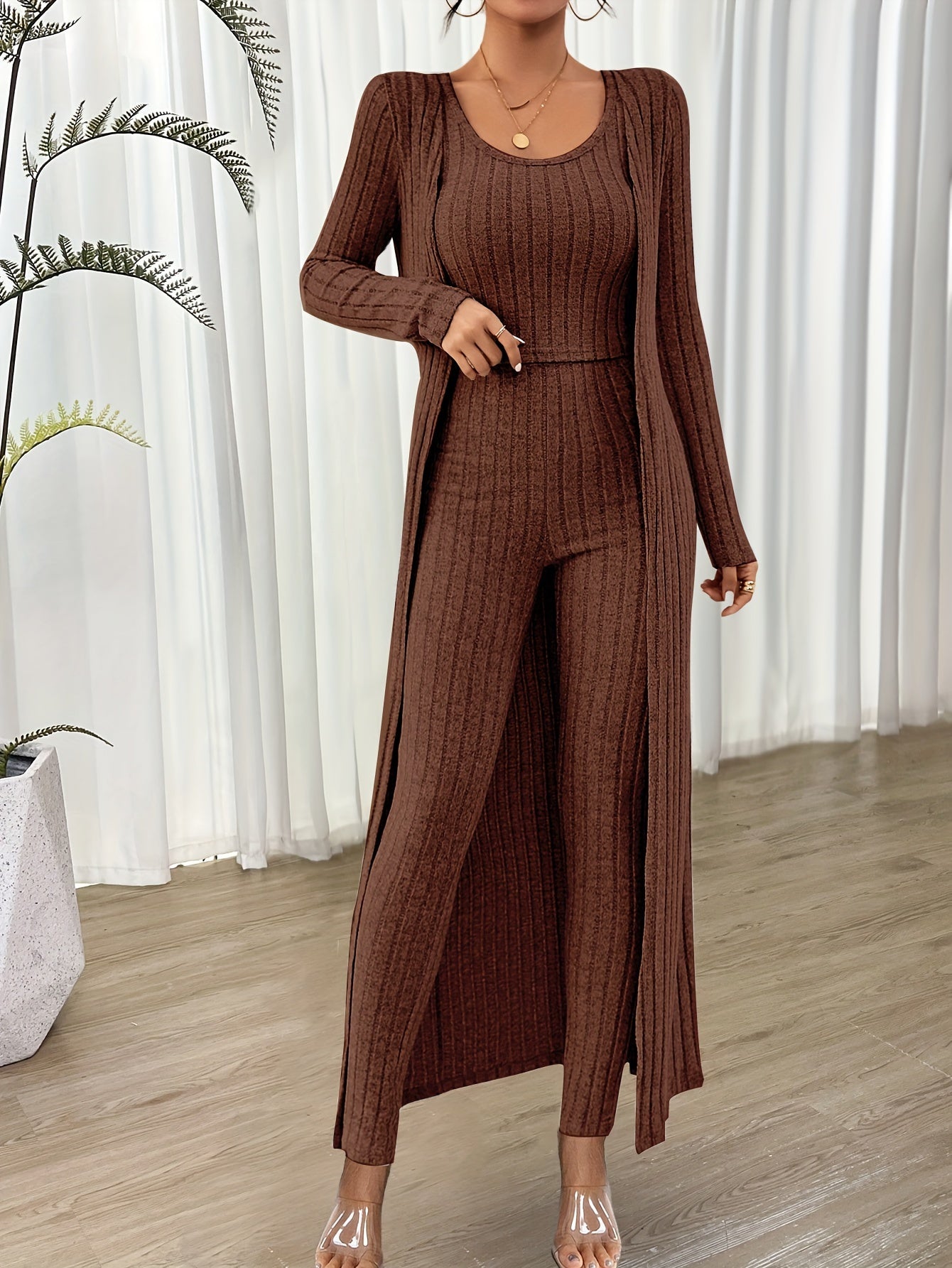 Ensemble Loungewear Trois Pièces avec Cardigan Long pour Femmes | Idéal pour la Maison